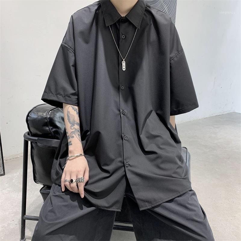 

Men's Casual Shirts Man Summer Korean Fashion Solid Color Short-sleeved Shirt Street Male All-match Loose Mens Clothing Trends, Black