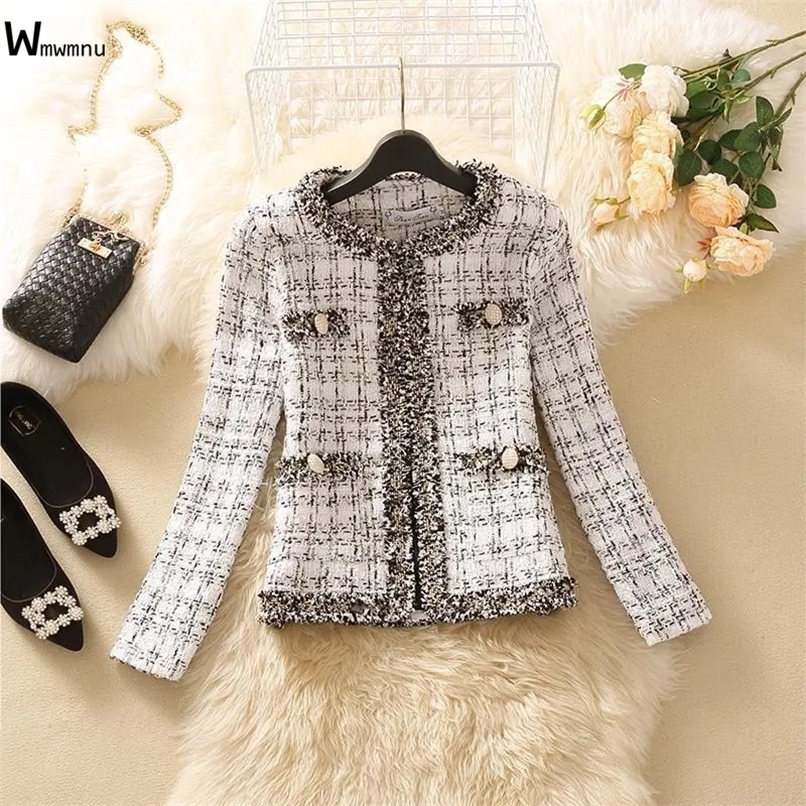 

Vintage Women Woolen Cropped Tweed Coat O-neck Slim Black White Plaid Short Jackets Korean Wool Blends Outwear Tops Chaquetas 220815