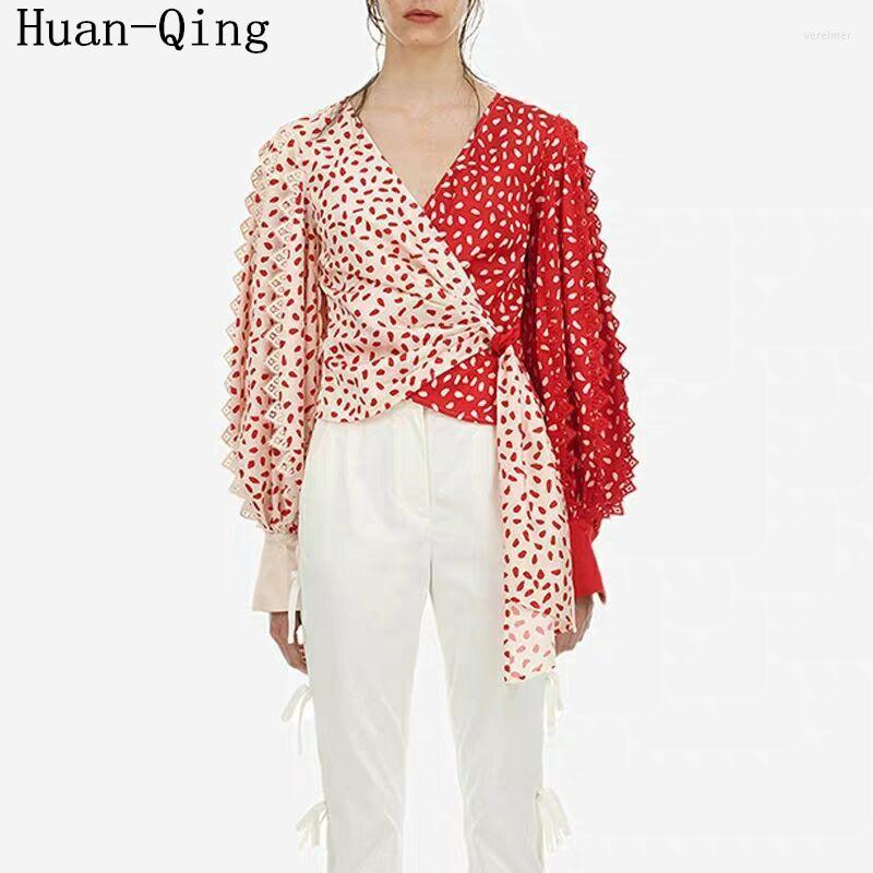 

Women' Blouses & Shirts Women Cross Bandage Hit Colors Crop Tops Runway Self Portrait Blouse Sexy V-Neck Lace Patchwork Blusas Wave Point, Picture color