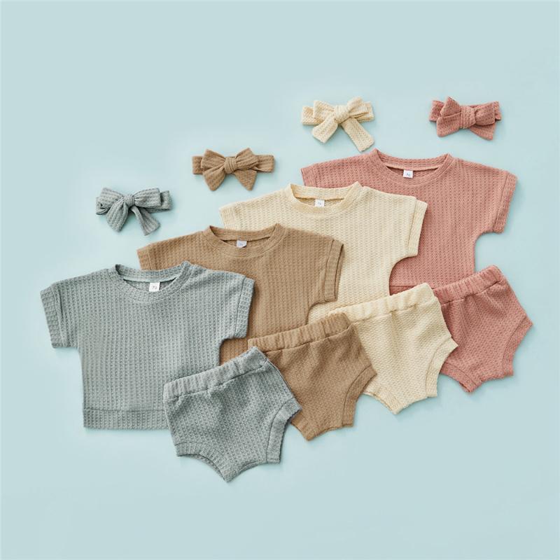 

Clothing Sets 0-24 Months 3 Pieces Baby Girls Summer Clothes Infant Kids Solid Color Short Sleeve T-Shirt Top Elastic Shorts HeadbandClothin