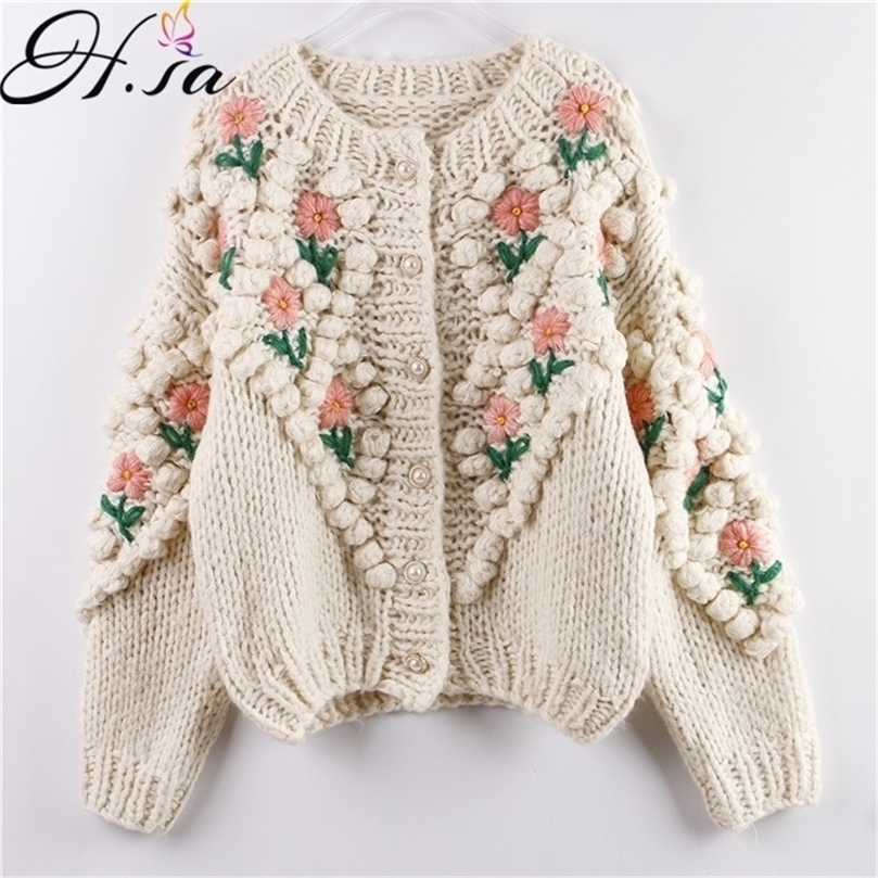 HSA Women Winter Handmade Sweater and Cardigans Floral Embroidery Hollow Out Chic Knit Jacket Pearl Beading Cardigans LJ201127