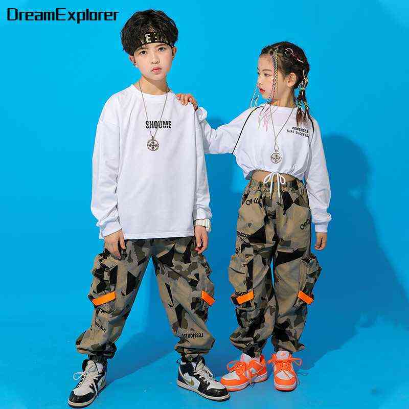 

Boy Street Dance Sweatshirt Camouflage Jogger Girl Hip Hop Crop Top Cargo Pants Kids Costume Clothes Set Child Streetwear Outfit AA220316, Orange girl