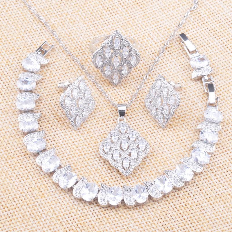 

Earrings & Necklace Silver Color Jewelry Sets For Women Wedding 2022 Luxury White Zirconia Rings Bracelet Christmas Gifts Z0734Earrings, As pic