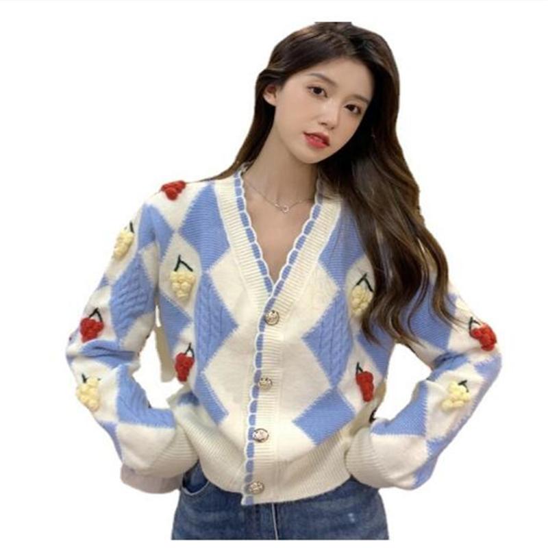 

Women's Knits & Tees Languid Lazy Style Sweet Women V-Neck Cherry Embroidery Argyle Single-Breasted Long Sleeve Loose Knit Cardigan SweaterW, Black