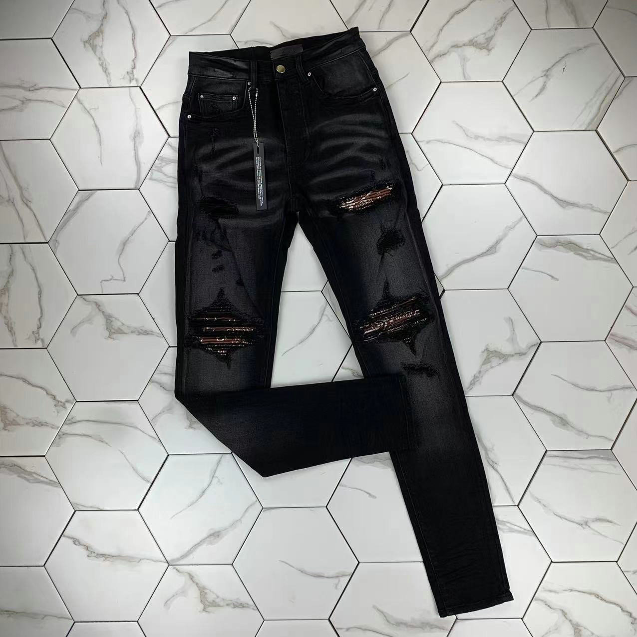 

HM561 High quality Mens jeans Distressed Motorcycle biker jean Rock Skinny Slim Ripped hole stripe Fashionable snake embroidery Denim pants, Black