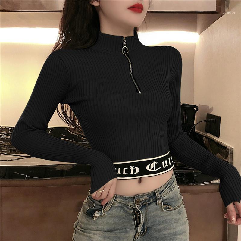 Women's Sweaters Zipper Pullovers Knitted Spring Fall Style Fashion Brands Slim Letter Female Crop Tops Korean Clothing
