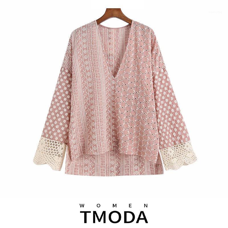 

Women's Blouses & Shirts TMODA1697 2022 Summer Women Hollow Out Embroidery Patchwork Loose Vintage Long Sleeve Side Vents Female Chic Tops, Pink
