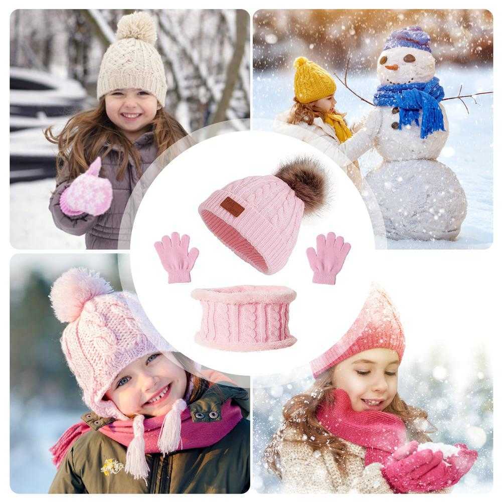 

3Pcs Winter Baby Knitted Beanie Hat Scarf And Glove Set Warm Fleece Lining For 1-5 Year, White11