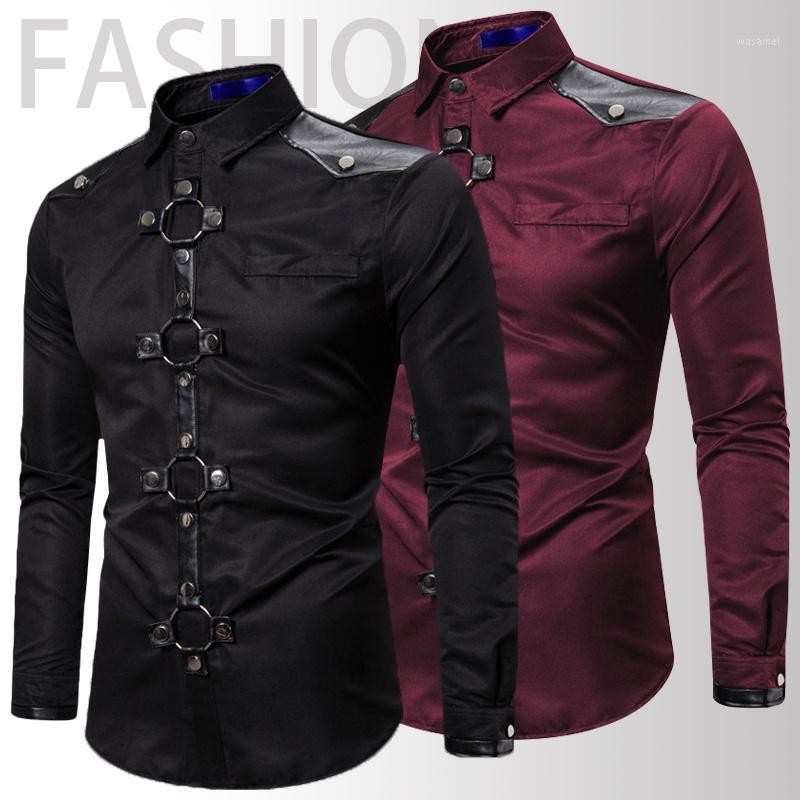 

Men' Casual Shirts Men Goth Style Rivet Solid Color Cargo Shirt Slim Fit Party Stage For Clothing, Black
