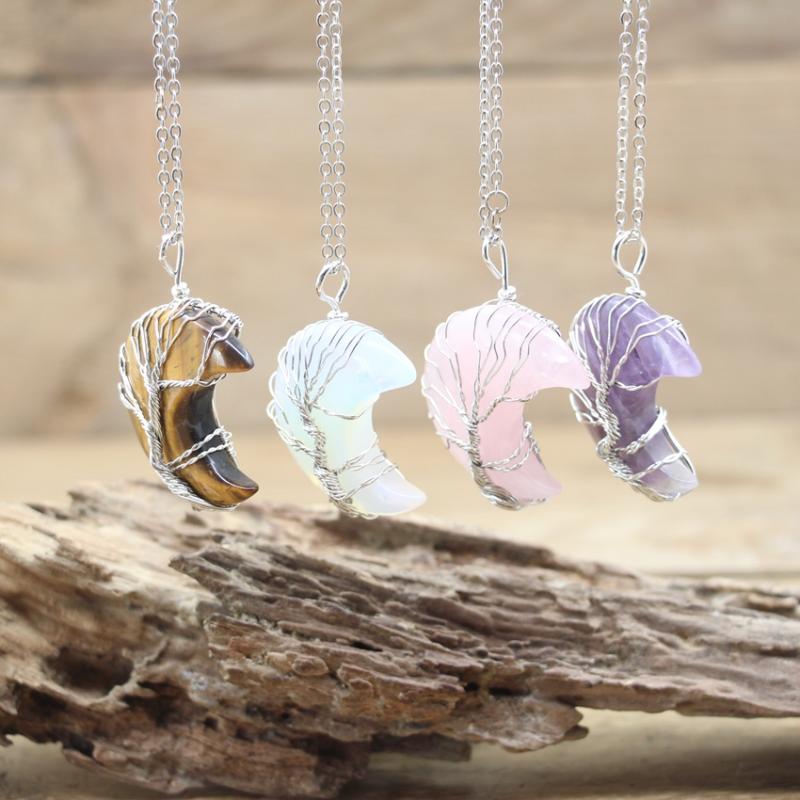 

Pendant Necklaces Natural Amethysts Crystal Moon Crescent Shape Wire Wrap Tree Opal Real Pink Quartzs Necklace Healing Stone JewelryQC3191Pe