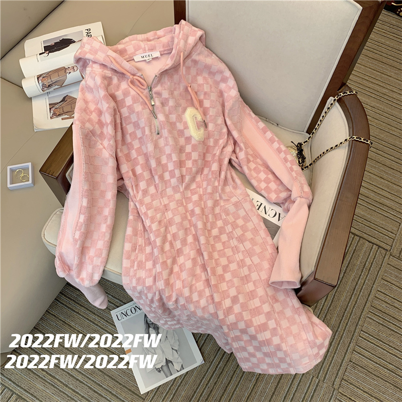 

pink hooded sweatshirt dress harunomi new French Hong Kong flavor vintage chic dress, One color