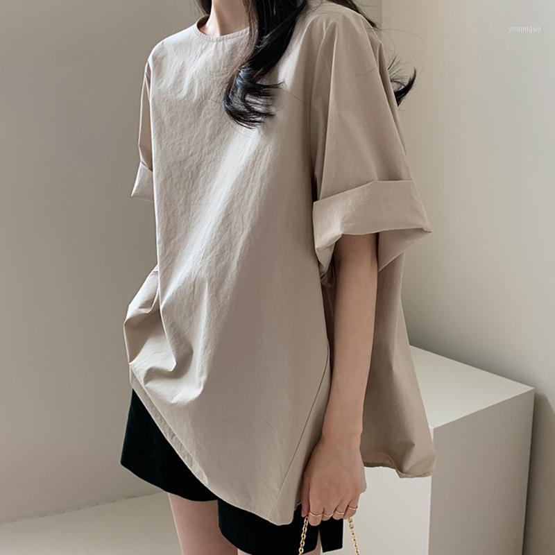 

Women's Blouses & Shirts Women Plain Loose Blouse Summer Thin Casual Korea Style Fashion Medium-Long 3/4 Sleeve Shirt T-shirt Woman Clothes, Khaki