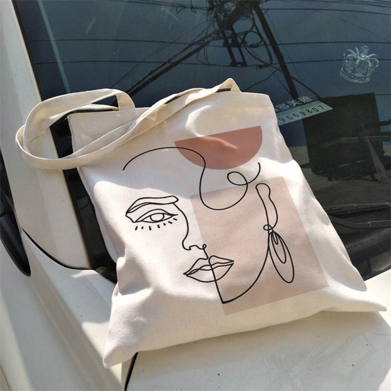 

Korea Ulzzang Ins large capacity casual shopper bag fashion school Harajuku women shoulder art abstract face canvas s 220617, Bai08
