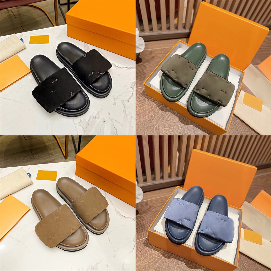 

Designers Slippers Women Velcro Slippers POOL PILLOW COMFORT Flat Letter Mules Sandals Easy-to-wear Rubber Bottom Width Slides, Color 7