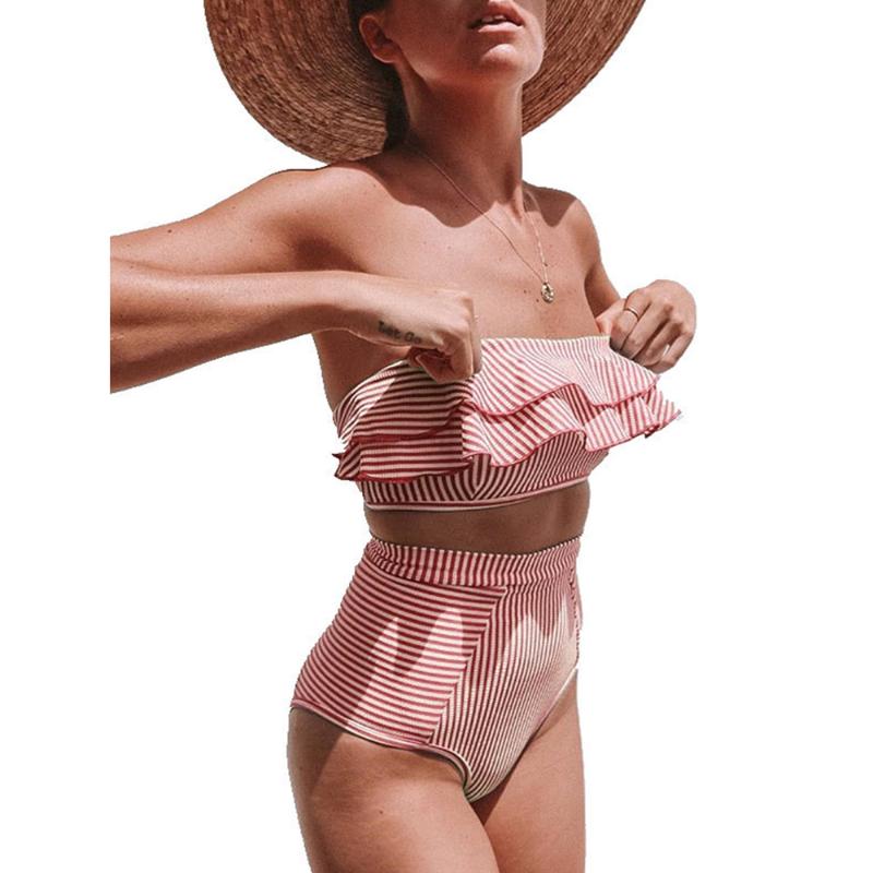 

Women' Swimwear Tube Top Ruffled Stripe Women' Swimsuit Set 2 Pieces High Waist Split Beach Bathing SuitWomen, Black