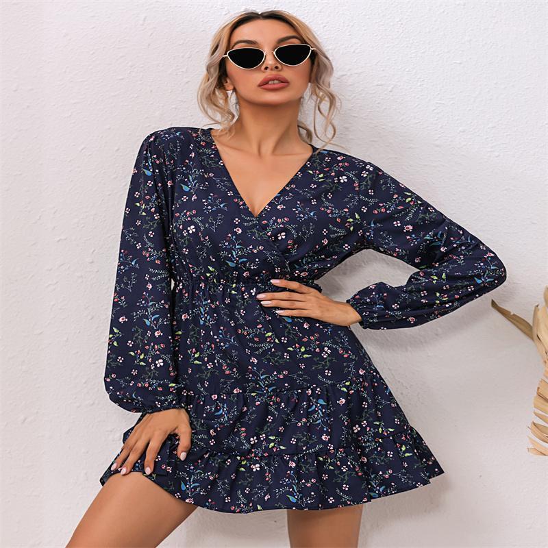 

Casual Dresses 18805# 2022 Women' Blue Floral V-neck Dress High Street Fashion Evening