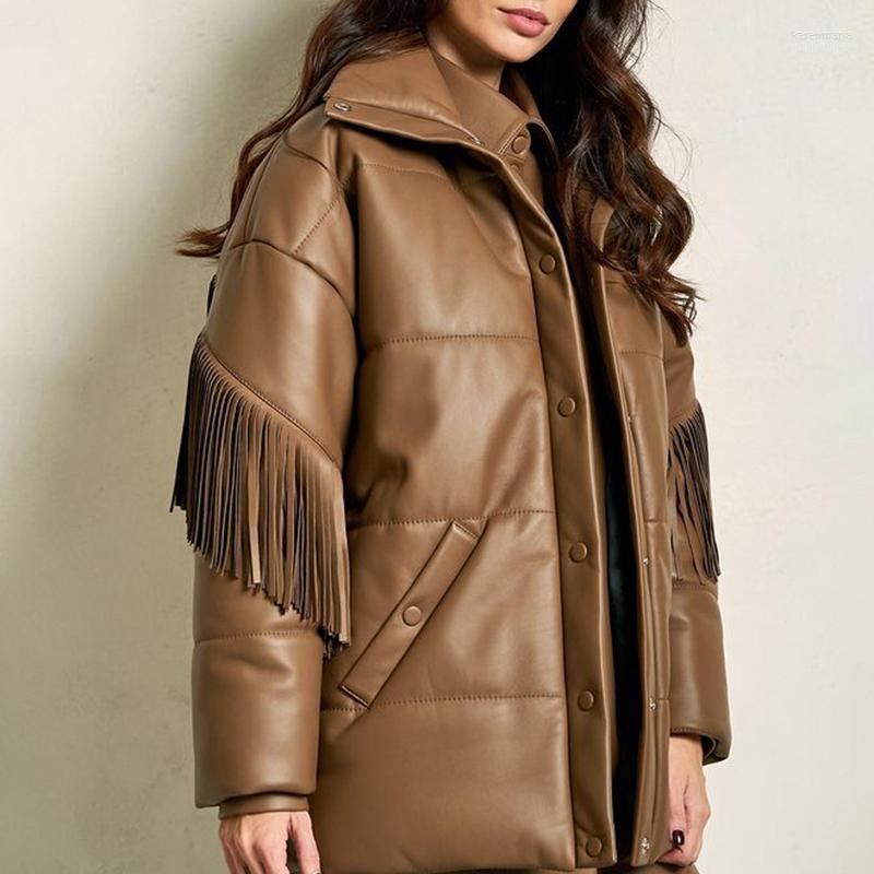

Women's Down & Parkas AGong Stand Collar Women Fashion Solid PU Leather Tassel Coats Elegant Tie Belt Argyle Cotton Jackets Female Ladies Ka, Brown