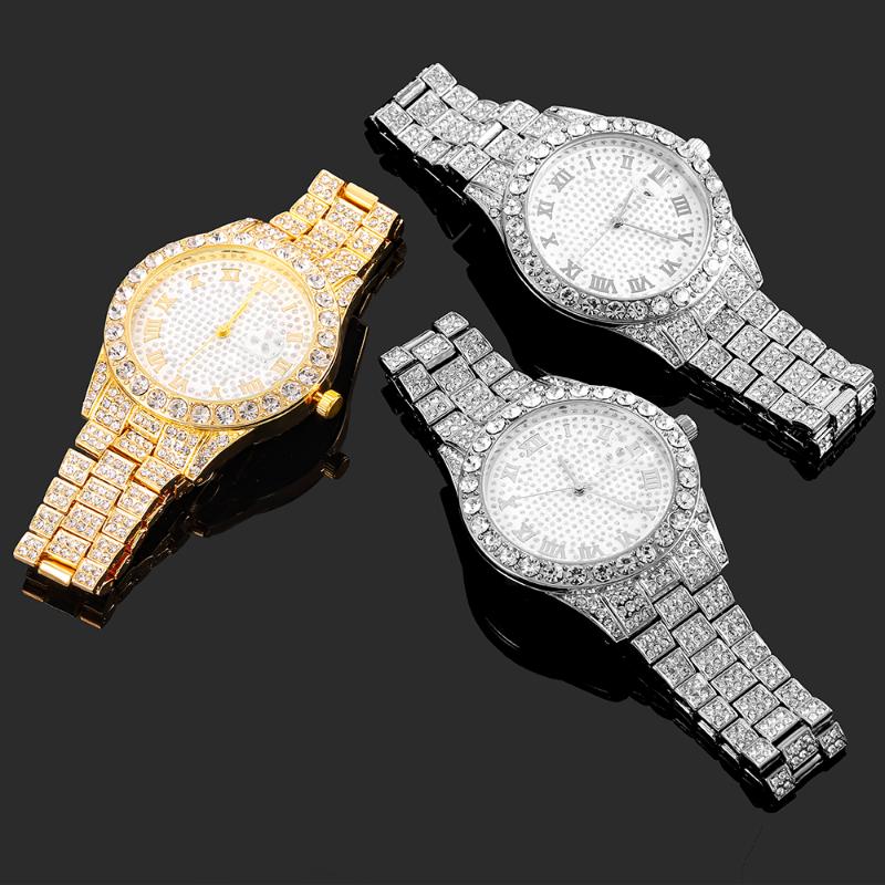 

Wristwatches Iced Out Diamond Watch Quartz Gold Silver Color Micro Paved Hip Hop Personality Stainless Steel, Slivery;brown