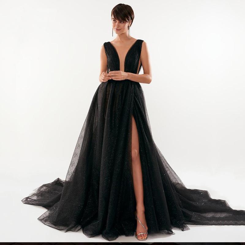 

Party Dresses BridalAffair Glitter Prom 2022 V-Neck Tulle Black Long Wedding Arabic Evening Gown Celebrity Dress For GraduationParty