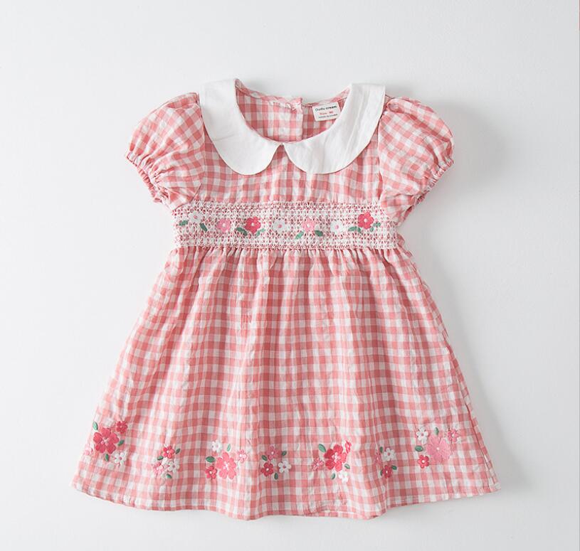 

2022 New Embroidery Flower Plaid girls Kids Clothes Dress Summer Elegant Pet Pan Collar Princess Short Sleeve Dresses Children Soft girls Clothing, Mix colors