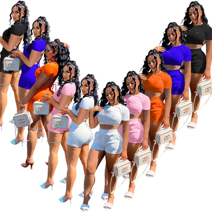 Wholesale Women Knitted Ribbed Outfits Summer Clothes Short Sleeve Polo T Shirts Shorts Two Piece Set Matching Tracksuits DHL 7453