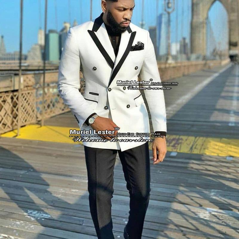 

Men's Suits & Blazers Handsome White Men Slim Fit Double Breasted Black Laple Jacket With Pants 2 Pieces Trajes De Hombre Formal Wedding Tux