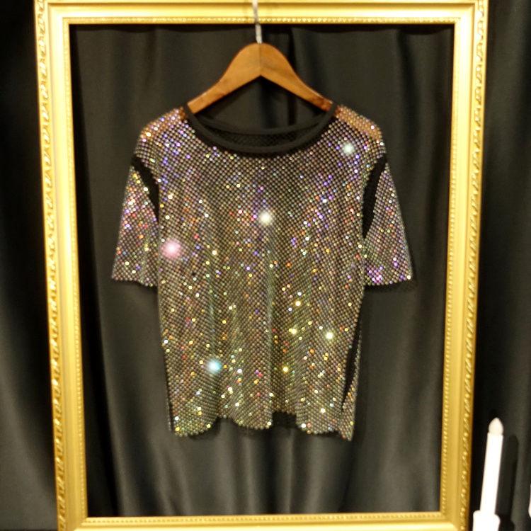

Women' T-Shirt Women Summer Bright Crystal Perspective Hollow Diamonds Net Shirts Slim O-Neck Rhinestones Tees Jumpers Crop TopsWomen, Black