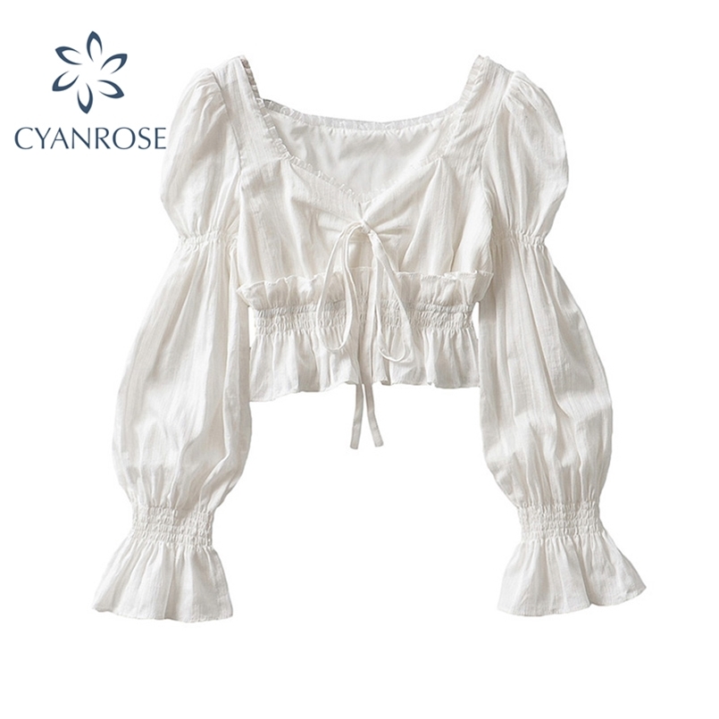 

French Pleated Lantern Long Sleeve Shirt For Women's Spring And Autumn Vintage White Square Collar Blouse Tops Female 220407