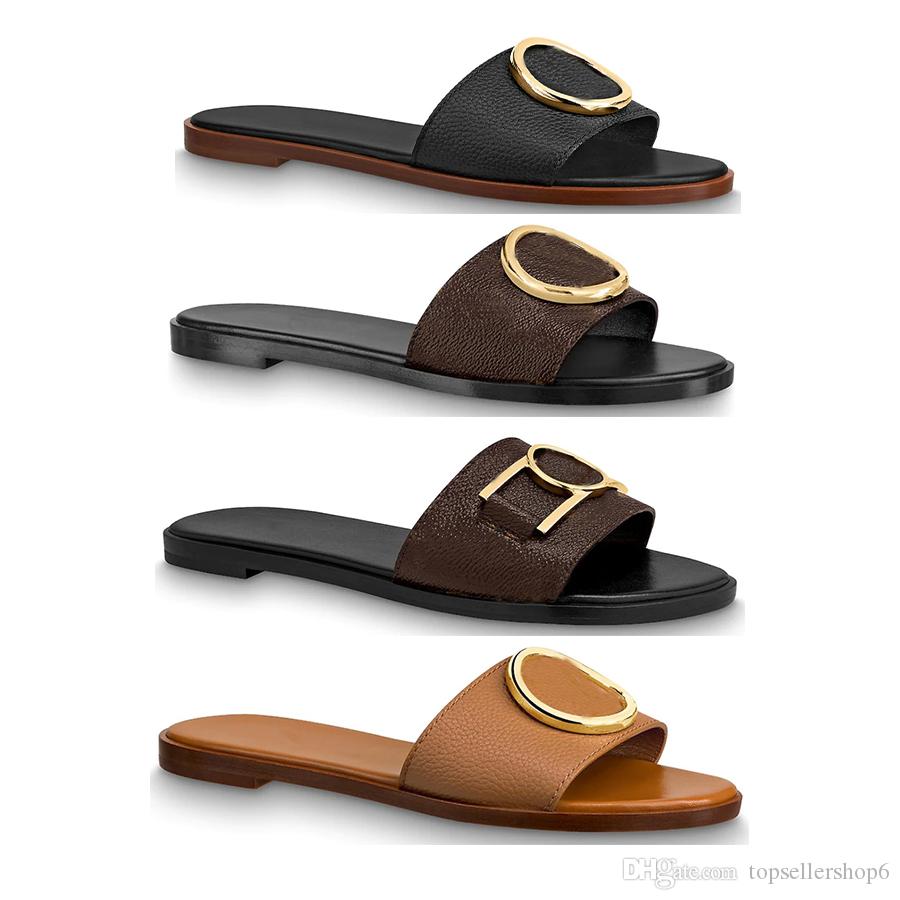 

Slippers calf leather women lady girl outsole Summer gold-tone Circle buckle accessory Lock It flat mule Slides Slipper Thong Sandal Shoes hSr