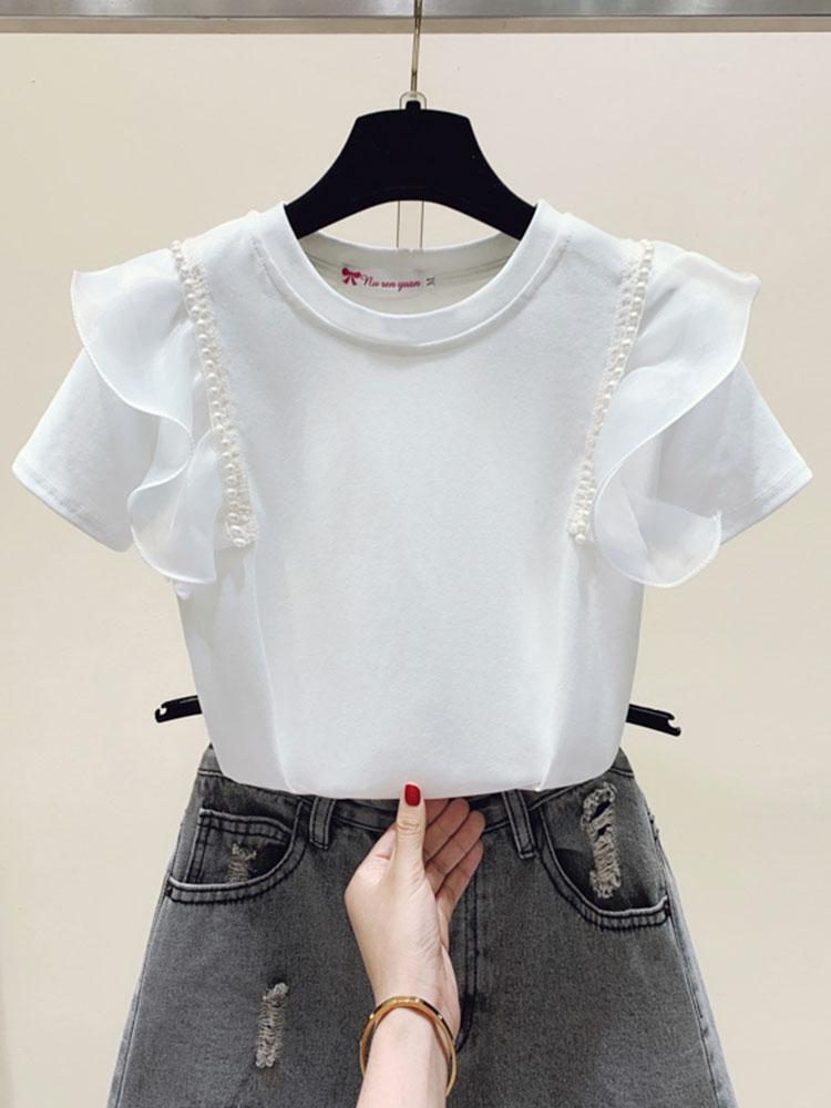 

Women' T-Shirt Tops Women 2022 Cotton T-shirts Mujer White Black Top Beading Vintage O Neck Short Tee Shirt Femme Summer Tshirts Oversize T