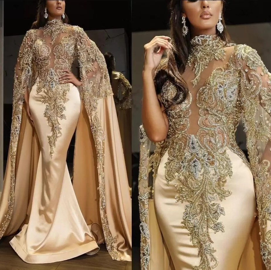 

2022 Luxurious Champagne Satin Mermaid Evening Dresses Lace Beaded Crystals Prom Dress With Sheer High Neck Long Sleeves Party Second Reception Gowns, Gold