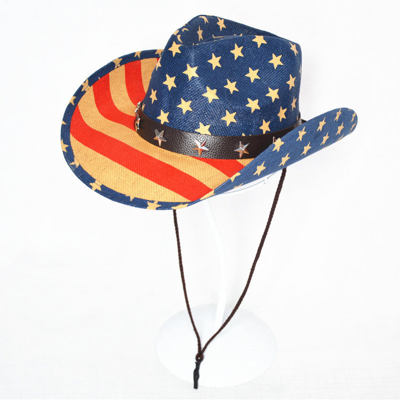 

Sailor Dance American Flag Retro Personality Western Cowboy Hat Summer Prairie Straw Hat Neutral Straw Hat, Black horizontal bar
