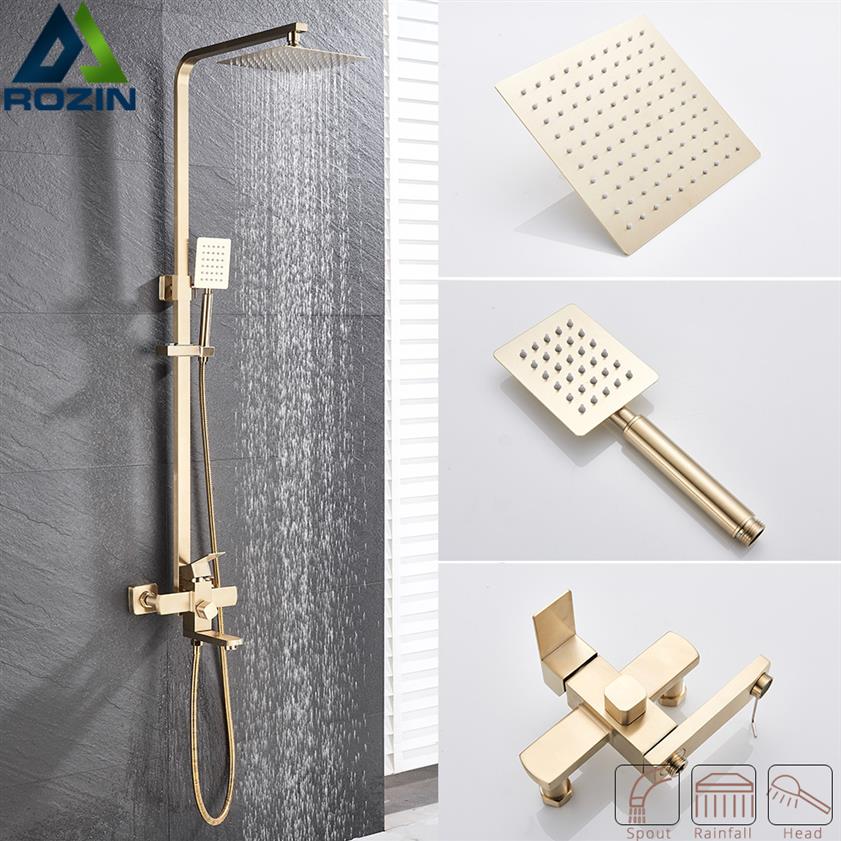 

Brushed Gold Shower Faucet In Wall 8&quot Stainless Steel Rainfall Bath Shower Set Swivel Bath Spout Black Bathroom Shower Column167j