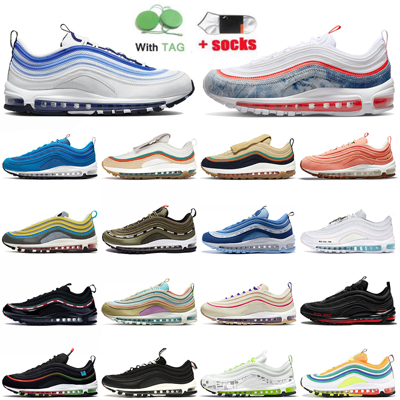 

97s Mens Womens Running Shoes Airmas Mschf Lil Nas x Satan Luke inri jesus White Black Bullet Washed Denim Airness Sports Sneakers Trainers With Socks, A#20 halloween 36-45