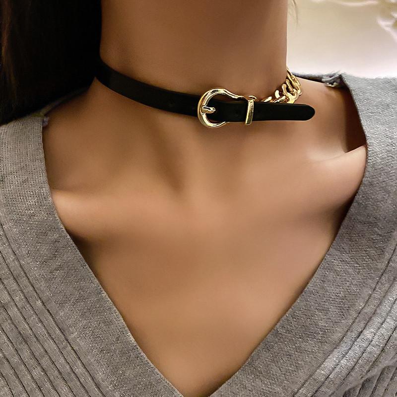 

Chokers FYUAN Golden Chain Choker Necklaces For Women Short Black Leather Button Statement Jewelry