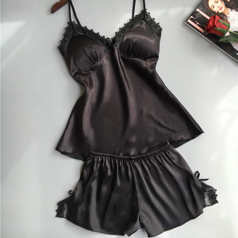 Sexy Lingerie Womens Satin Silk Pajama Summer Spaghetti Strap Sleepwear Lace Pijama Pyjamas Women Home Cothes Bathrobe