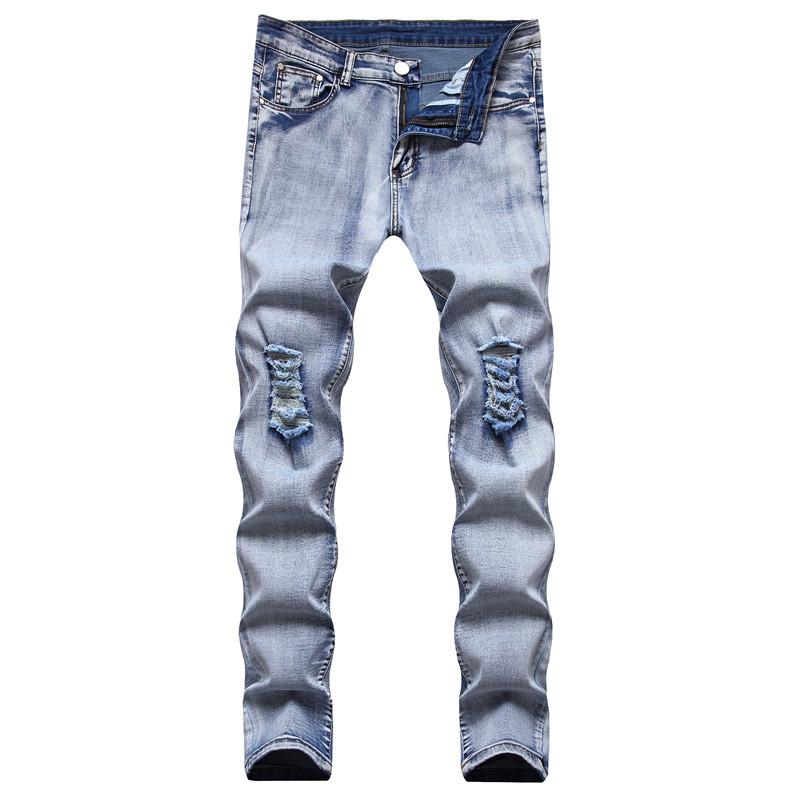

Men's Jeans Men Stylish Streetwear Slim Straight Male Hip Hop Ripped Holes Casual Solid Jogging Denim TrousersMen's, 7066