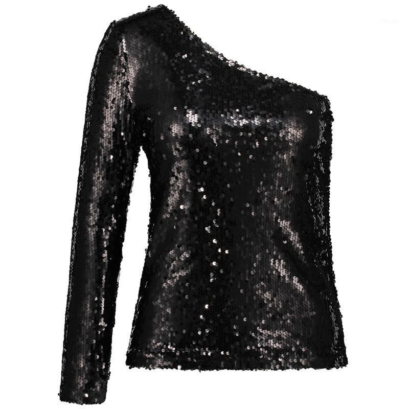 

Sexy Women One Shoulder Sequin Shirt Top Black Long Sleeve Sloping Blouse Glitter Slim Clubwear Party Women' Blouses & Shirts, As pic