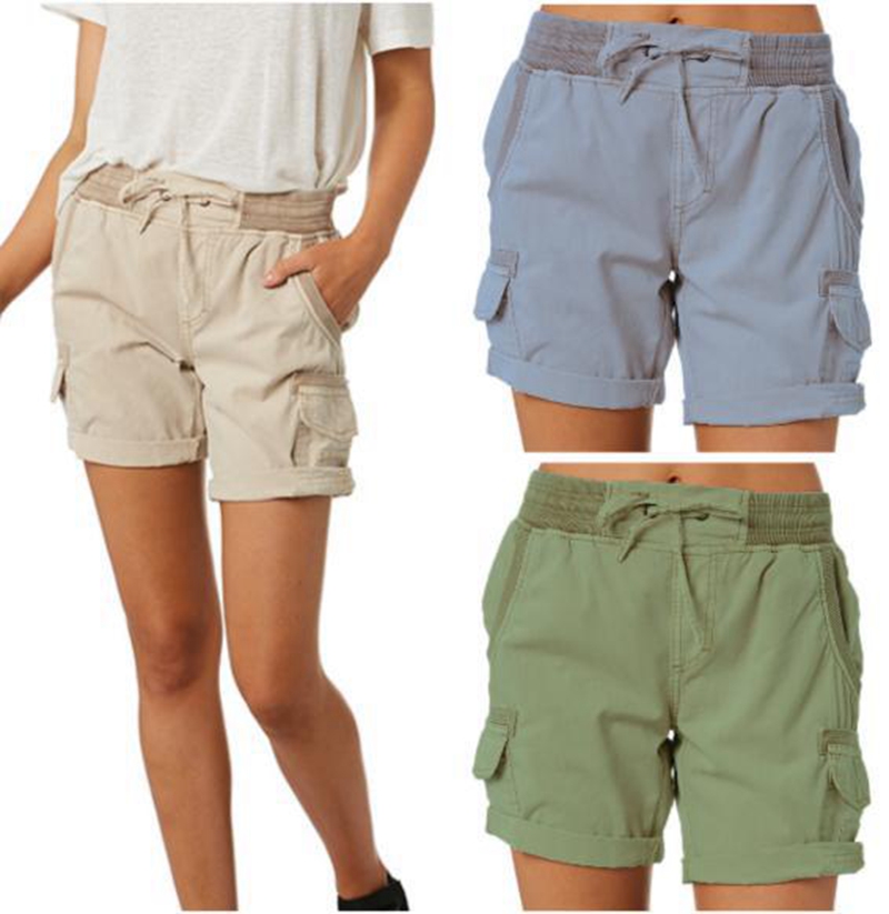 

shorts Spot solid color high waist women' overalls casual pants cotton linen thin loose wide-leg shorts, Blue grey
