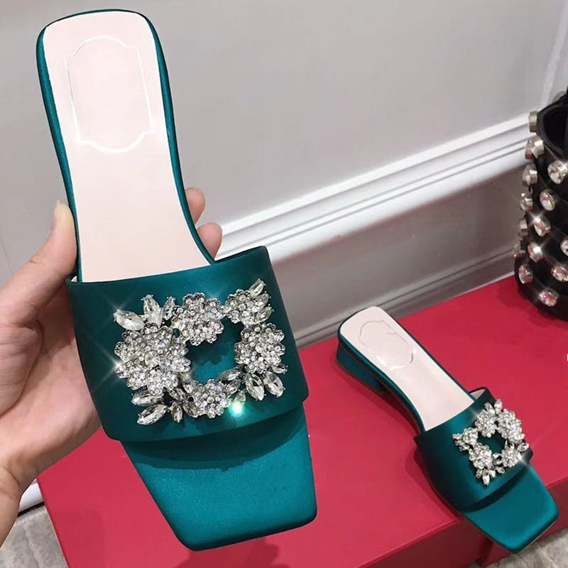 

Elegant Jewel Slides Women Shoes Open Toe Flat Heels Slip On Mules Crytal Slippers Brand Rhinestone Square Square Buckle Sandals, Gold