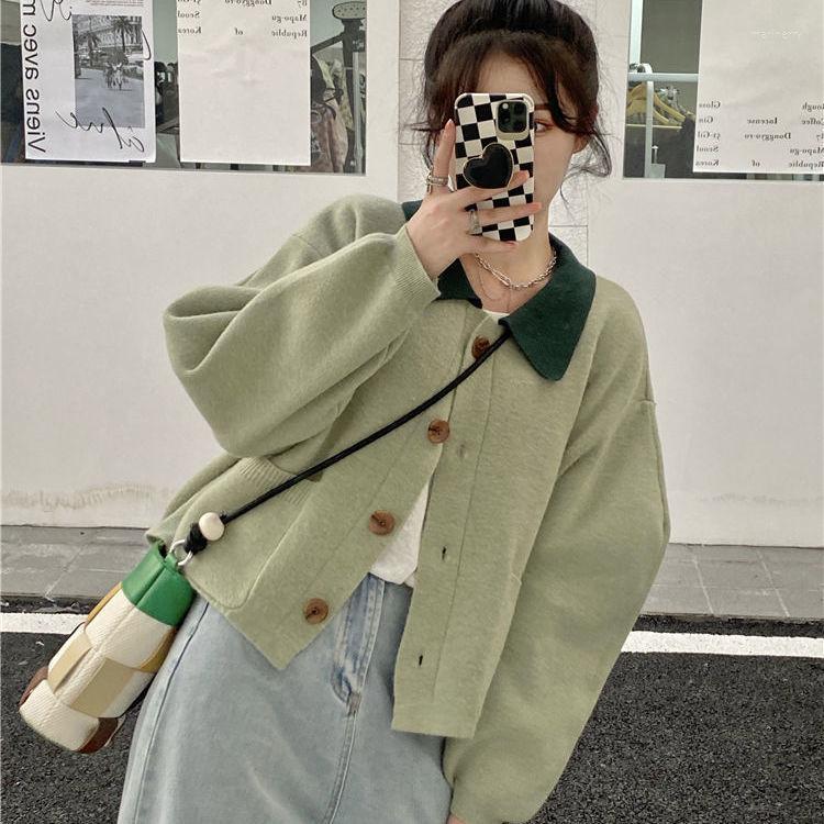 

Women' Knits & Tees Cardigans Women Panelled Knitting Pockets Turn-down Collar Korean Style Sweaters Casual All-match Feminino Tender Cozy, Green