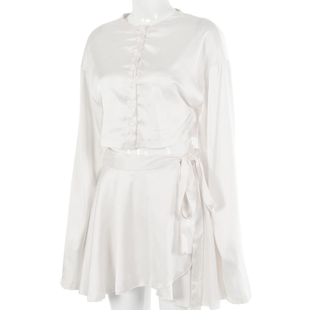 

Two Piece Set Satin Bandage Dress Women Sexy V Neck Buttons Mini Dresses Summer Female Lace Up Party Dress Vestidos, Black dress