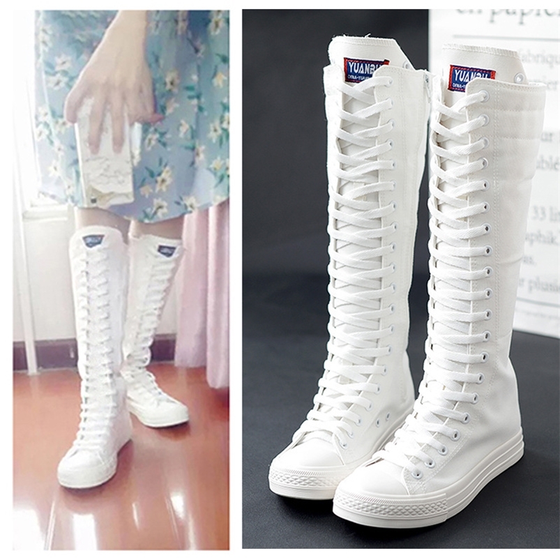 

Spring Autumn Women Shoes Canvas Casual High Top Shoes Long Boots Lace-Up Zipper Comfortable Flat Boots Sneakers Size -40 220813, 01