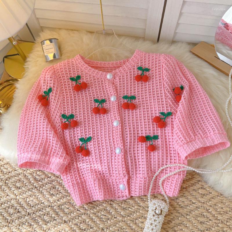 

Women's Knits & Tees Women Sweet Strawberry Short Sleeve Summer Cardigan Cute O-neck Knitwear Crop Top Y2k Korean Fashion Shirt Soft Sweater, White