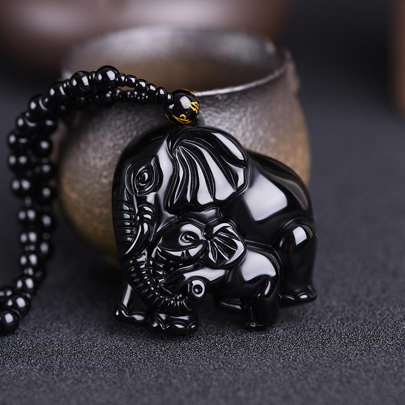 

Pendant Necklaces Natural Stone Black Obsidian Carved Mother Baby Elephant Amulet Lucky Necklace Men Women Jewelry Handmade Making GiftPenda
