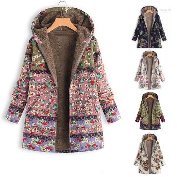 

Women' Down & Parkas Floral Print Jacket Women Vintage Long Sleeve Hooded Zipper Fluffy Coat Female Winter Warm Pocket Oversized Outwear Ph, Pink