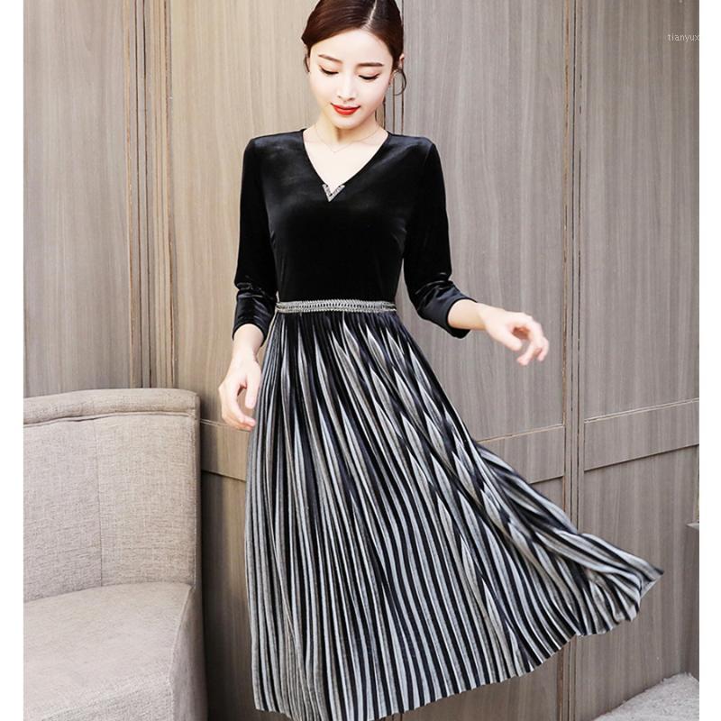 

Casual Dresses Fashion Sexy Ladies V-neck Velvet Dress Slim Waist Temperament Stitching Big Pendulum Party Long Sleeve, Black