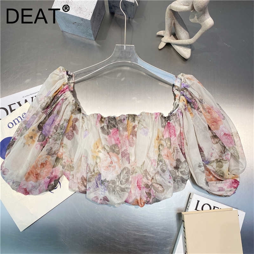 

DEAT Women Printing T-shirt Solid Colorsquare Collar Short Puff Sleeve Temperament Fashion Spring Summer 11D992 210709, Picture color