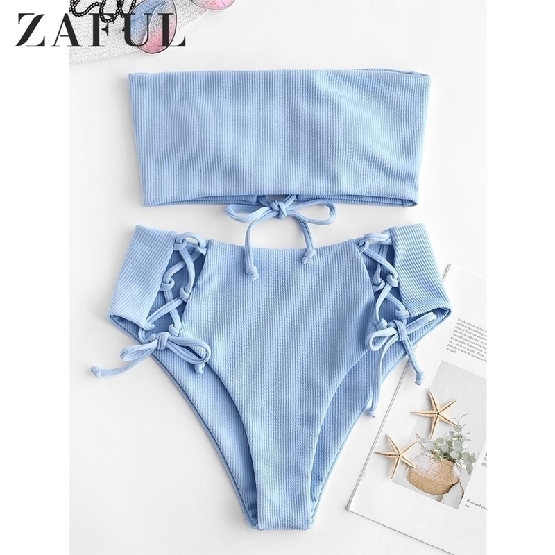 

Ribbed Lace Up High Waisted Bikini Set Strapless High Waisted Cut Bandeau Bikini Women Solid Swimsuit Summer Swimwear Y200319, Day sky blue