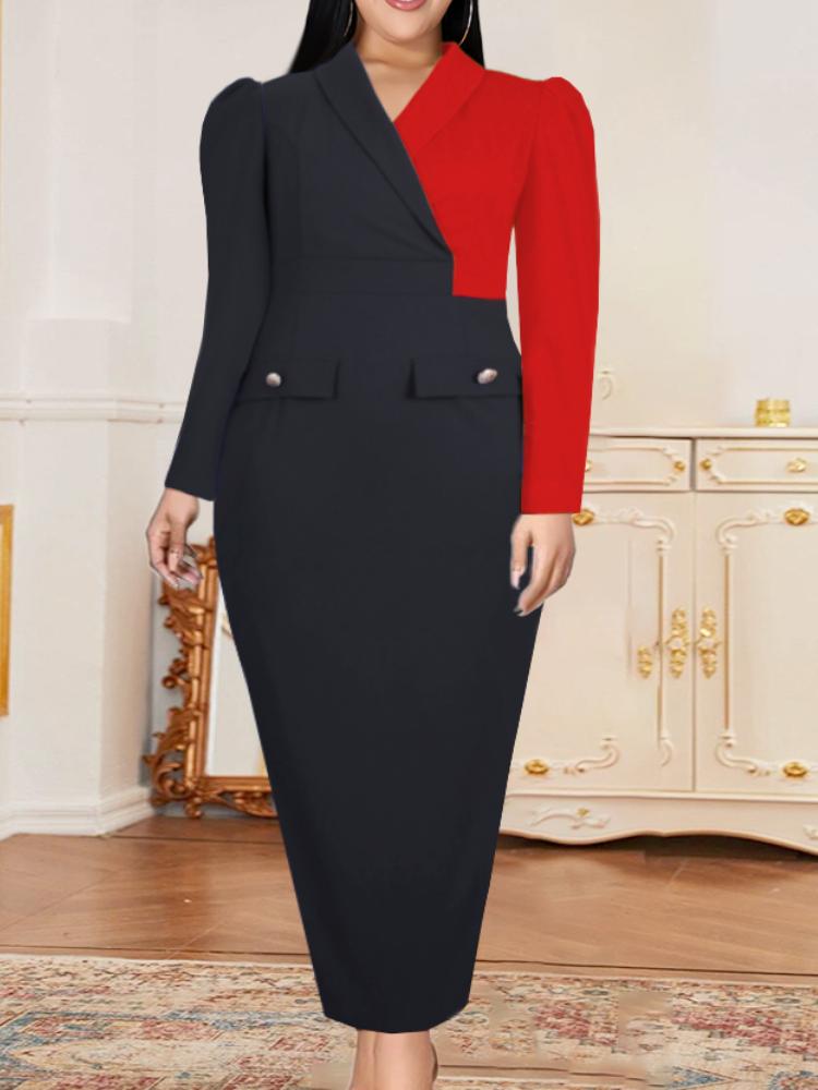 

Plus Size Dresses Color Block Long Sexy V Neck Sleeve Autumn Winter Fashion Office Work Evening Party Classy Gowns Dress, Black